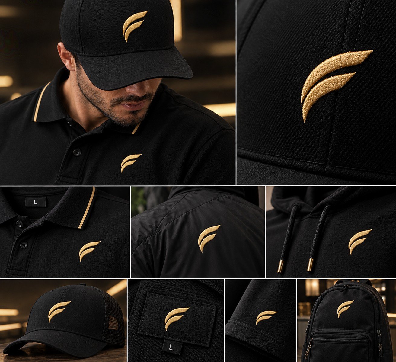 Detalle del emblema dorado de Finísimo en prendas negras